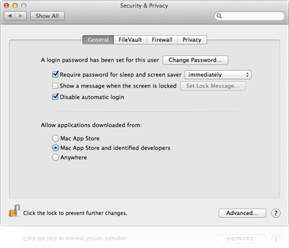 OSX 10.8, security settings
